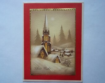 Made In USA "Silent Night" Snow Covered Church Christmas Card Used Art Supply