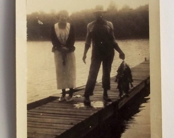 Vintage Couple on Boat Dock Fishing Snapshot Photo