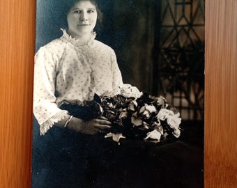 Antique Real Photo Postcard RPPC - Victorian Woman with Large Flower Bouquet, Vintage Photography Ephemera Edwardian Era Unposted