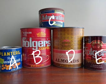 Vintage Coffee Tins, Planters Peanuts, House of Almonds Can, Collectible Kitchen Storage
