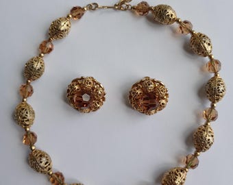 Napier Gold Tone Filigree Choker Necklace or Clip Earrings with Faux Topaz Beads