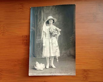 Vintage 1920s RPPC Bride or Maid of Honor Photo Postcard - Flapper Era Wedding Portrait