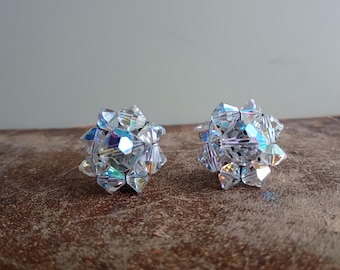 Vintage Aurora Borealis Iridescent Beaded Cluster Clip On Earrings