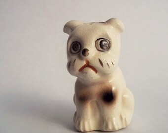 Vintage Bulldog Salt Shaker Sad Guilty Dog Figurine 2 1/4" Tall Crazing