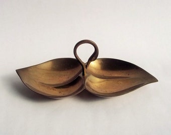 Vintage Brass Swan Shaped Handle Two Leaf Dish