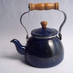 Vintage Enamel Tea Kettle as Decor Blue Speckled Rusty Vase Planter Kitchen Porch Garden Decor