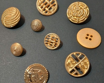Gold Tone Buttons Ornate Minimalist Asian Basket Weave Rope Eclectic Mix Lot of Nine Sewing Scrapbooking Journaling Mixed Media Art Supplies