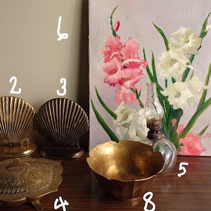 Vintage Brass Clam Shell Bookends, Etched Lidded Dish, Lotus Bowl, Mini Lantern