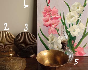 Vintage Brass Clam Shell Bookends, Etched Lidded Dish, Lotus Bowl, Mini Lantern