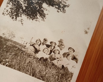 RPPC The Gathering Outside Group Photo Family on Grassy Lawn Nine People