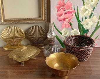 Vintage Brass Clam Shell Bookends, Etched Lidded Dish, Lotus Bowl, Mini Lantern