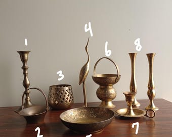 Choose Brass Decor: Candle Holders, Bud Vases, Mini Basket, Small Etched Dish, Crane, Holy Water Pot Vase