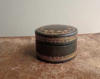 Vintage Italian Leather Trinket Box with Gold Tooling