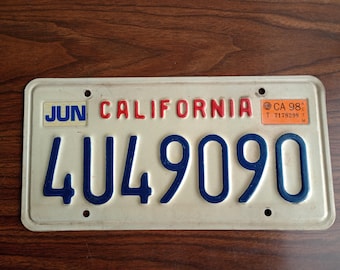 Vintage California 4U49090 License Plate 1998 Car Tags Collectible Memorabilia Garage Man Cave Game Room Wall Decor Art Supply Photo Prop