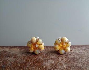 Mid-Century Western Germany Yellow Beaded Cluster Earrings – Warm Citrus Tones