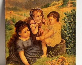 Victorian Chromolithograph Print: Three Girls Playing, Bufford's Sons, 1875