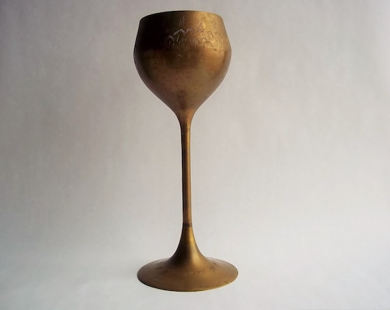 Vintage Etched Brass Goblet: 12" Tall Bohemian Decor, Made in India