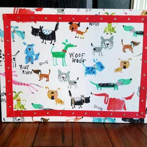 Cartoon Doggie Dog Fabric Covered Memo Cork Message Board with Eyelet Collar Accent Trim - 23"x17"