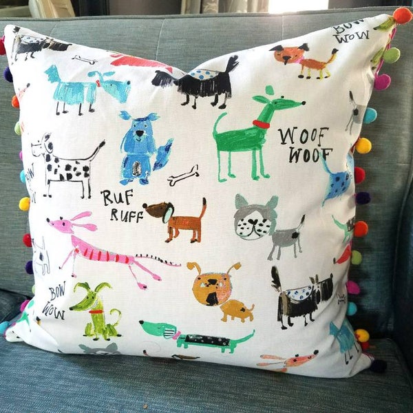 Handmade Cartoon Dogs Decorative Pillow Cover with Pom Pom Fringe Edge