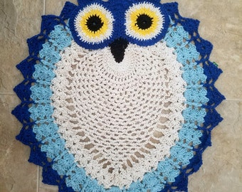2 Tone Hand Crocheted Blue Owl Rug