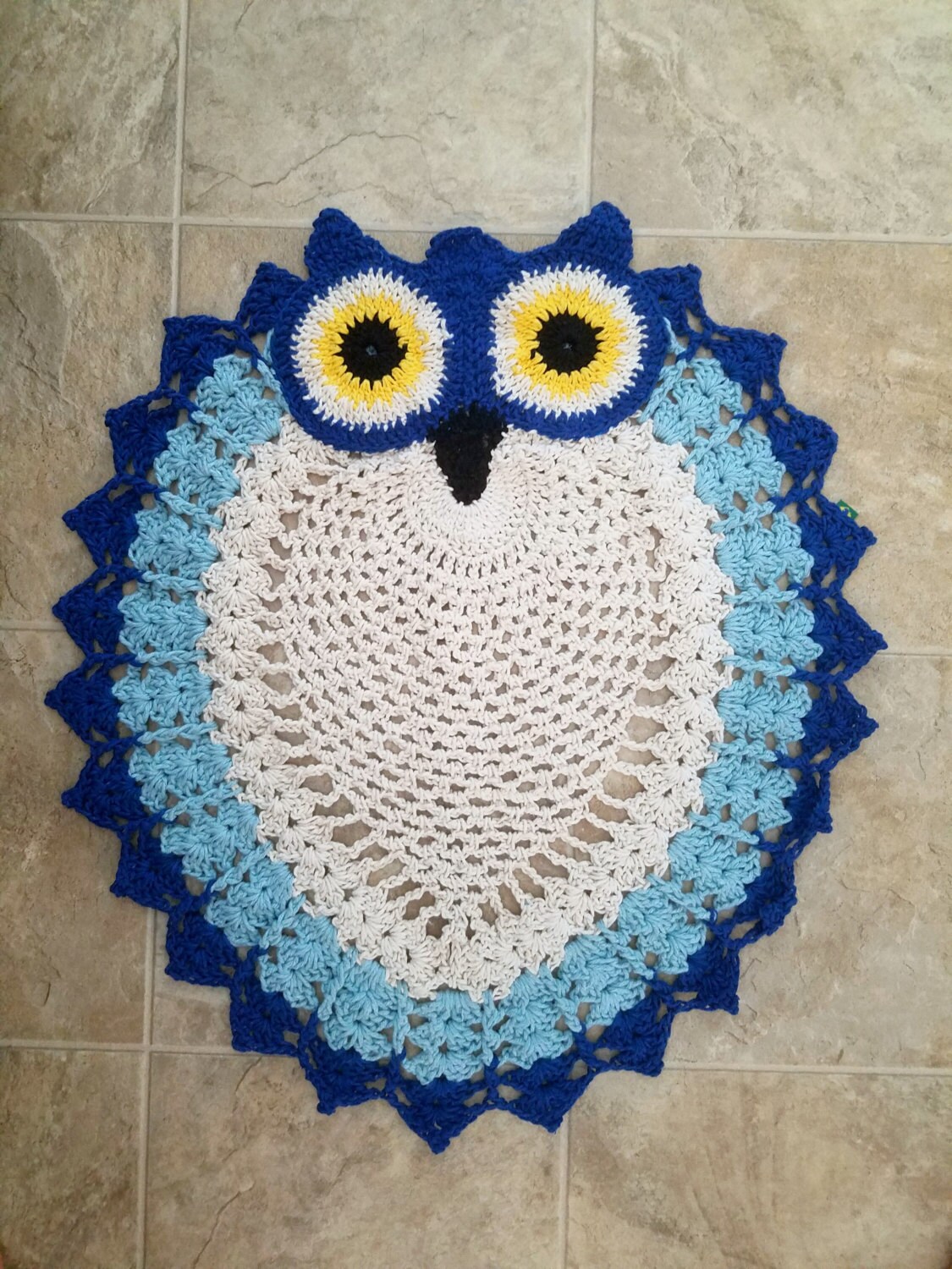 2 Tone Hand Crocheted Blue Owl Rug