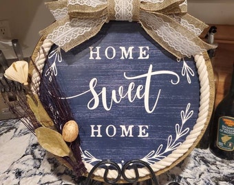 Decorative Plate 'Home Sweet Home' Sign - Blue with Natural Rope and Dried Floral Accents