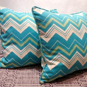 20x20 Indoor/ Outdoor Pillow Cover with Invisible Zipper Aqua and Mint Zig Zag image 2