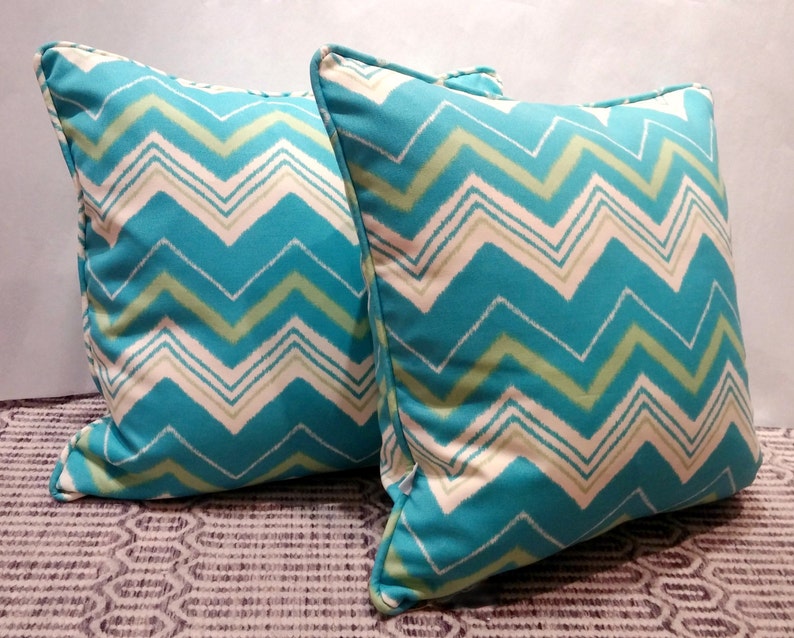 20x20 Indoor/ Outdoor Pillow Cover with Invisible Zipper Aqua and Mint Zig Zag image 2