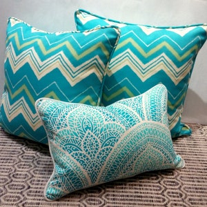 20x20 Indoor/ Outdoor Pillow Cover with Invisible Zipper Aqua and Mint Zig Zag image 3