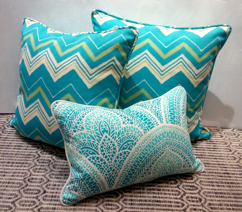 20x20 Indoor/ Outdoor Pillow Cover with Invisible Zipper Aqua and Mint Zig Zag image 3