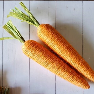 May include: Two orange carrots made of twine with green leafy tops.