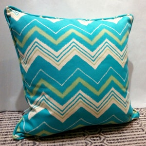 20x20 Indoor/ Outdoor Pillow Cover with Invisible Zipper Aqua and Mint Zig Zag image 1