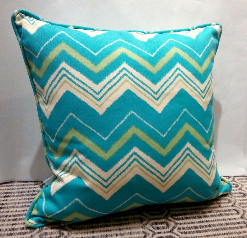 20x20 Indoor/ Outdoor Pillow Cover with Invisible Zipper Aqua and Mint Zig Zag image 1