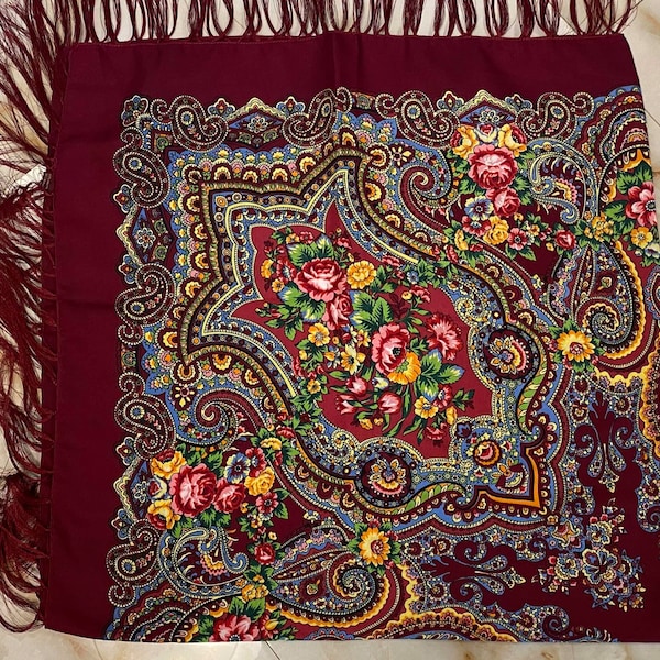 Pavlovo Posad style Scarf  Shawl with Fringe Floral Folk Shawl Large Ukrainian  scarf Floral Shawl Gift for her