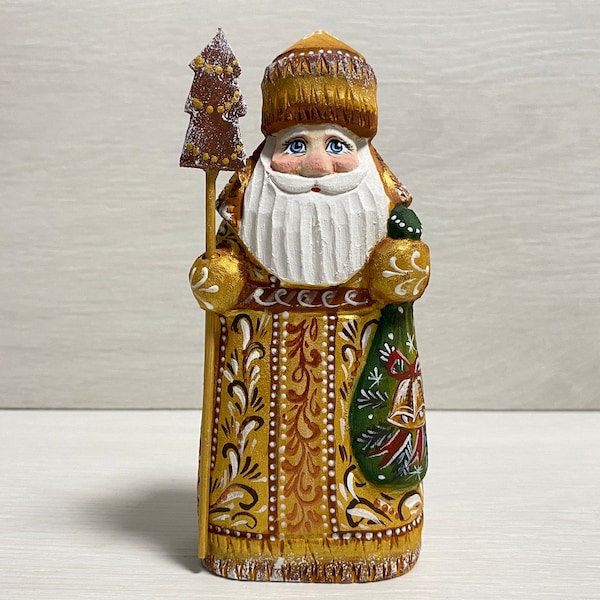 Figurine en bois sculpté Père Noël russe Ded Moroz Hauteur 16 cm / 6,2 pouces