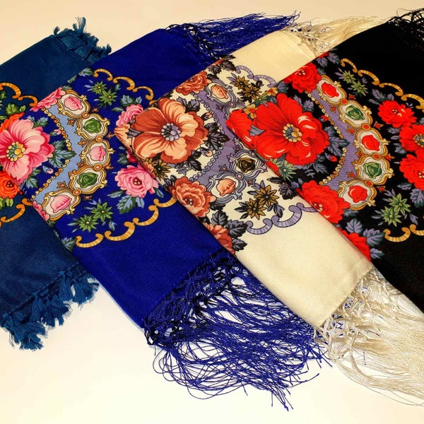 Scarf  Traditional Ukrainian   Fringed Shawl with Fringe Floral Folk Slavic shawl Scarf Ladies Warp shawl Gift for her