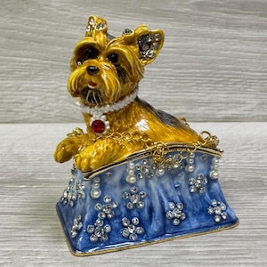 Figurine animalière style Fabergé, chien dans un sac, décoration pierres Swarovski, boîte à bagues cadeau
