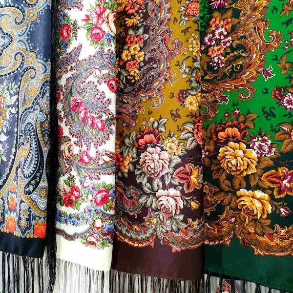 Pavlovo Posad Stil Schal Schal mit Fransen Floral Folk Schal Großer ukrainischer Schal Floral Schal Geschenk für sie