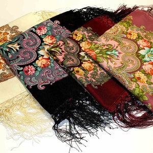 Scarf Traditional Ukrainian Fringed Shawl with Fringe Floral Folk Slavic shawl Scarf Ladies Warp shawl Gift for her