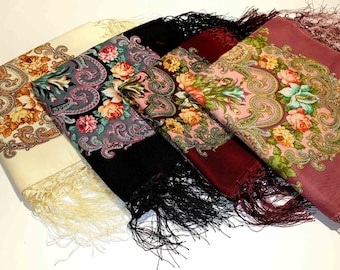 Floral Ukrainian Scarf, Folk Slavic Fringed Shawl, Wool Viscose Blend