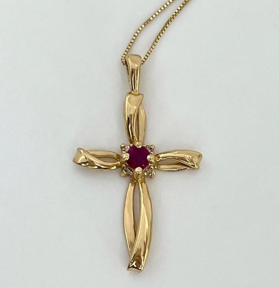 14KY Gold Cross Pendant with Ruby Center #136