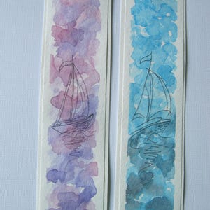 Hand Painted Watercolor Bookmarks: Seascape Boat Mini Art, Set of 2