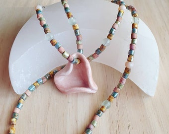 Czech Glass and Green Fluorite Beaded Necklace with Ceramic Heart Shaped Pendant ~ Clasp Free