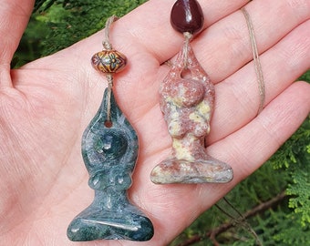 Goddess Pendant Necklaces With Hemp Cord ~ Moss Agate and Colour Changing Bead OR Rhodochrosite and Mookaite