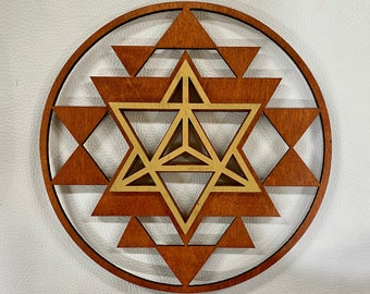 Sri Yantra Merkaba Wall Art 10"  - Stained Red and Painted Gold, Sacred Geometry