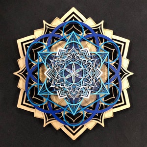 Lotus Mandala v2 Wall Art 12&quot; - Seed of Life, Metatron&#39;s Cube, Alabone Inlays - Sacred Geometry