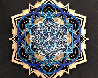 Lotus Mandala v2 Wall Art 12&quot; - Seed of Life, Metatron&#39;s Cube, Alabone Inlays - Sacred Geometry