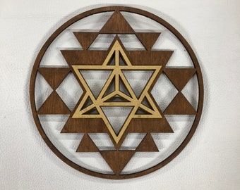 Sri Yantra Merkaba Wall Art 10&quot;  - Stained Brown and Painted Gold, Sacred Geometry