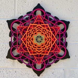 Sneeuwvlok mandala muurkunst 11,5" - Flower of Life, Metatron's Cube, alabone-inlegwerk - heilige geometrie