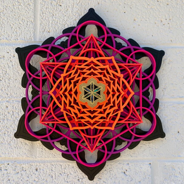 Sneeuwvlok mandala muurkunst 11,5" - Flower of Life, Metatron's Cube, alabone-inlegwerk - heilige geometrie